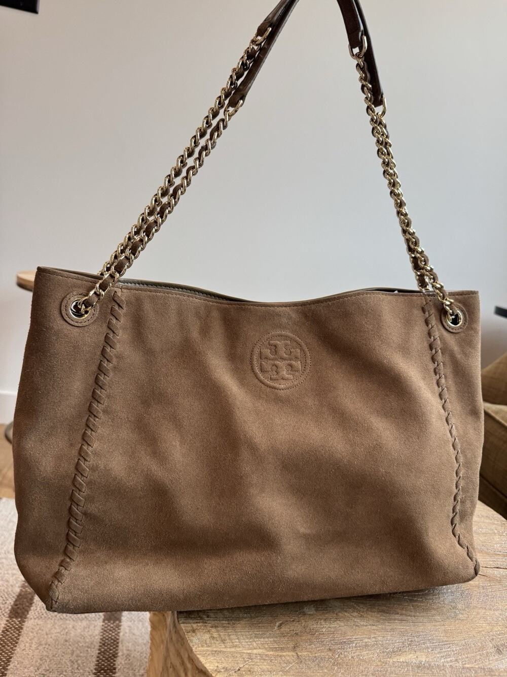 Tory Burch Marion Suede Gold Chain Shoulder Slouchy Purse River Rock Brown Tan